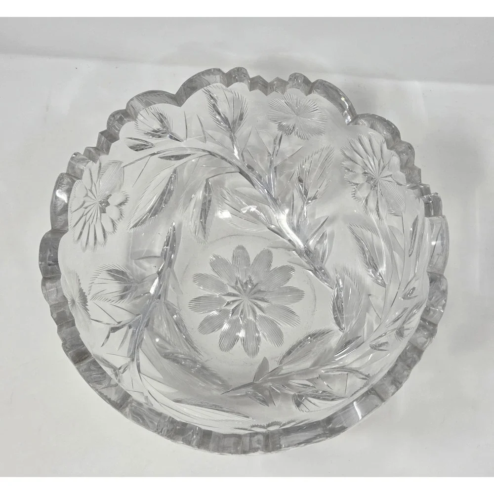 Antique American Brilliant Cut Crystal  Bowl 8in Hobstar Pinwheel Sawtooth Rim